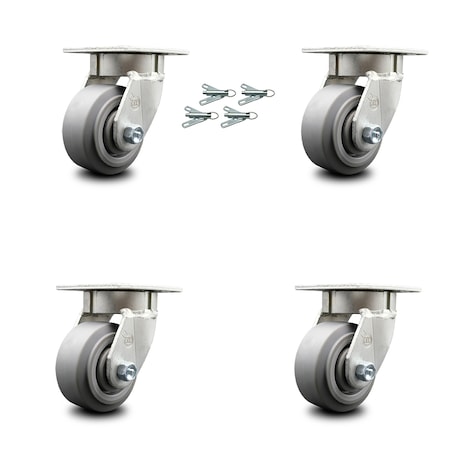 Service Caster 4 Inch Kingpinless Thermoplastic Rubber Wheel Swivel Caster Set with Swivel Lock SCC-KP30S420-TPRRF-BSL-4